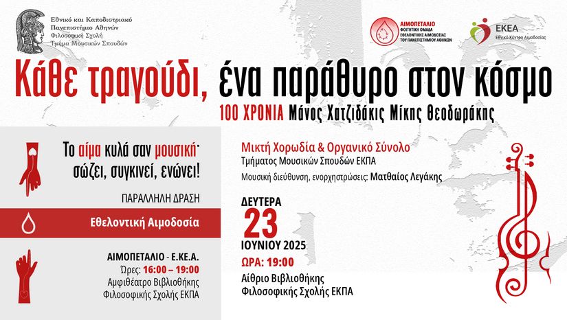 ΣΥΝΑΥΛΙΑ ΤΗΣ ΜΙΚΤΗΣ ΧΟΡΩΔΙΑΣ ΚΑΙ ΟΡΓΑΝΙΚΟΥ ΣΥΝΟΛΟΥ ΤΟΥ ΤΜΗΜΑΤΟΣ ΜΟΥΣΙΚΩΝ ΣΠΟΥΔΩΝ ΤΟΥ ΕΚΠΑ – ΕΘΕΛΟΝΤΙΚΗ ΑΙΜΟΔΟΣΙΑ AΠΟ ΤΟ «ΑΙΜΟΠΕΤΑΛΙΟ»[23/6/2025]